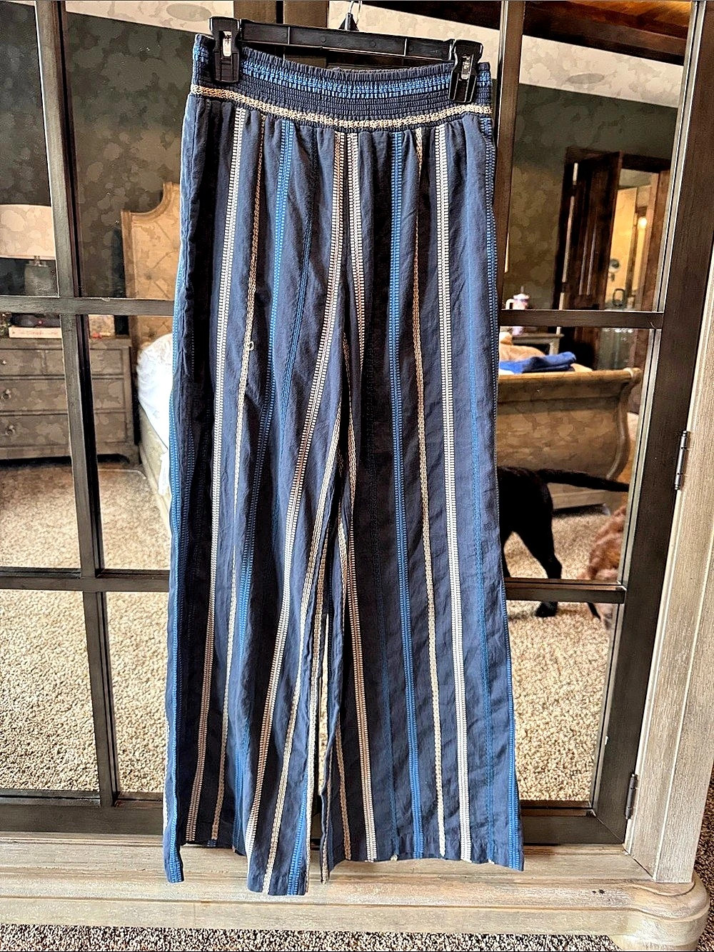 Michael Stars Sita Embroidered Stripe Cotton Wide Leg Pants Blue & White Small